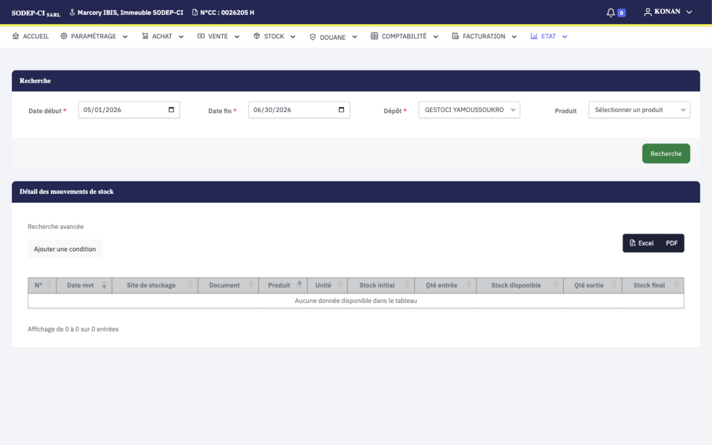 Etat récapitulatif stock — formulaire de recherche