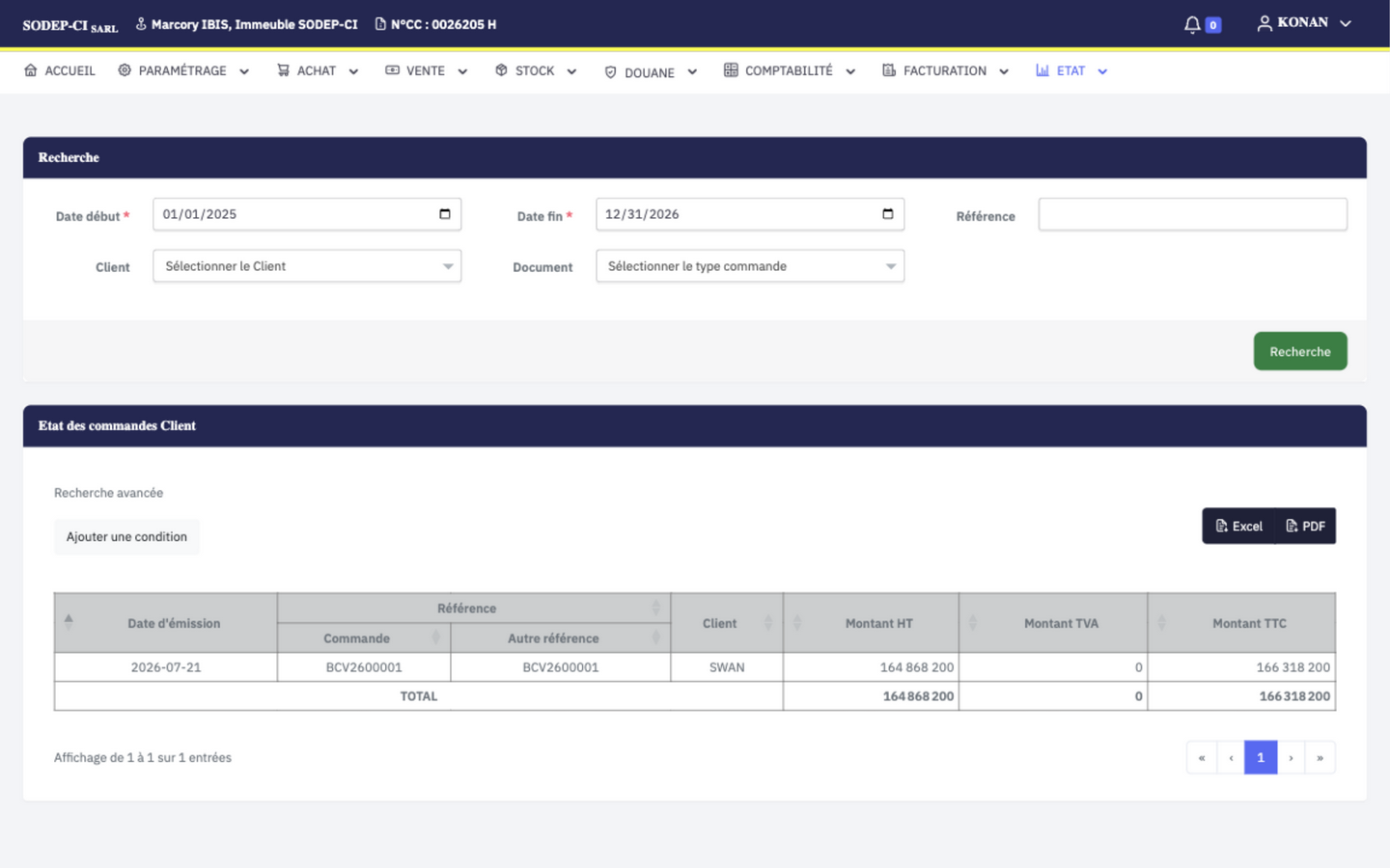 Etat commandes client — résultats après recherche
